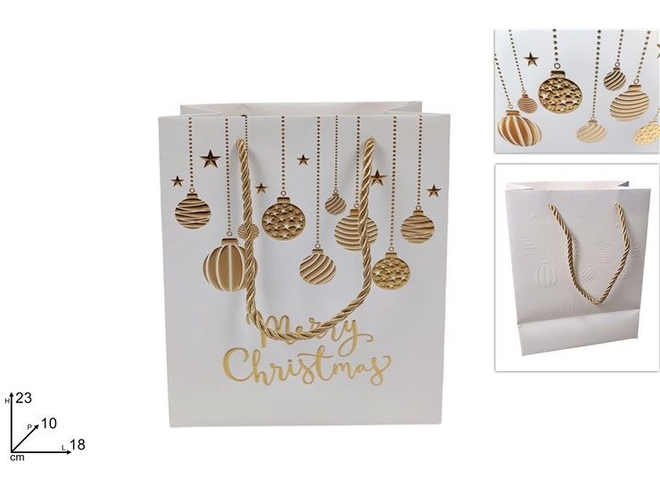 BUSTA REGALO PALLINE NATALIZIE 18X23X10 BIANCO-ORO V7-2503 WDue Esse