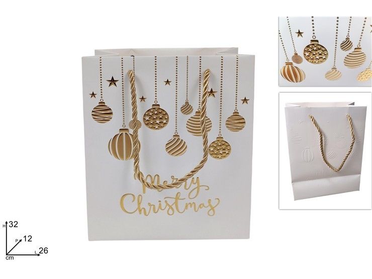 BUSTA REGALO PALLINE NATALIZIE 26X32X12 BIANCO-ORO V7-2504 WDue Esse