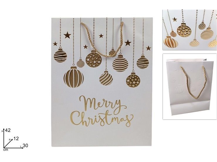 BUSTA REGALO PALLINE NATALIZIE 30X42X12 BIANCO-ORO V7-2505 WDue Esse