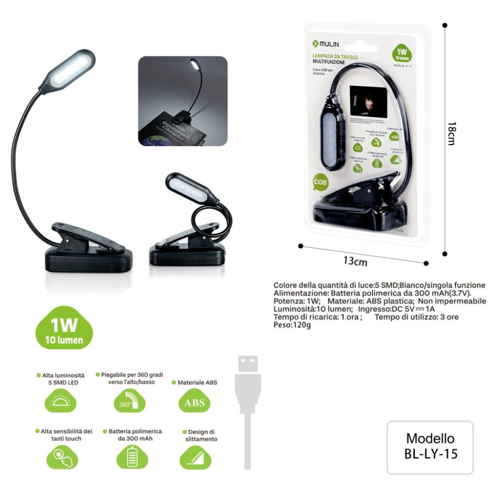 LAMPADINA DA LETTURA SNODATO + CLIP 1WMu Lin
