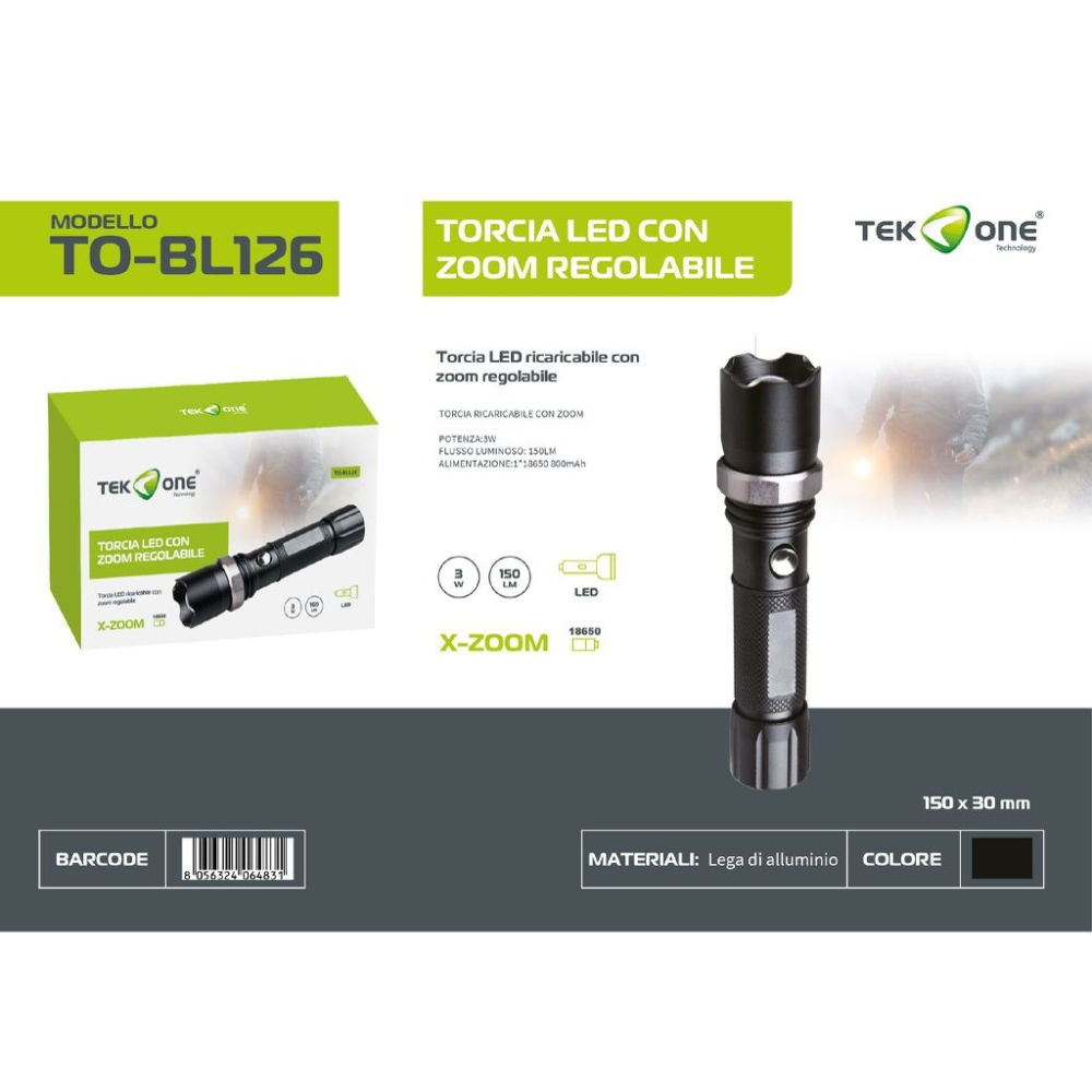 TORCIA LED COB RICARICABILE CON ZOOMTek One Tecnology