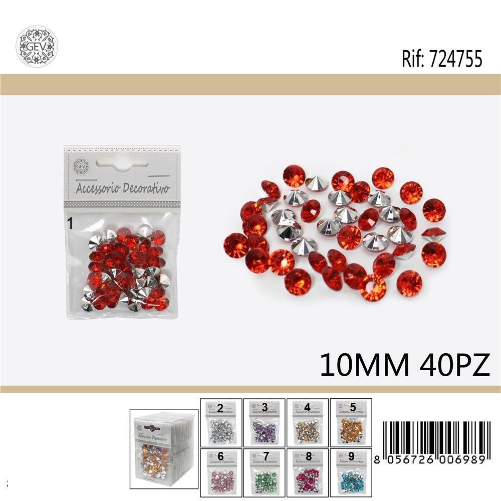 DIAMANTI DECORATIVI - COLORI ASSORTITI 10MM - 40PZGev