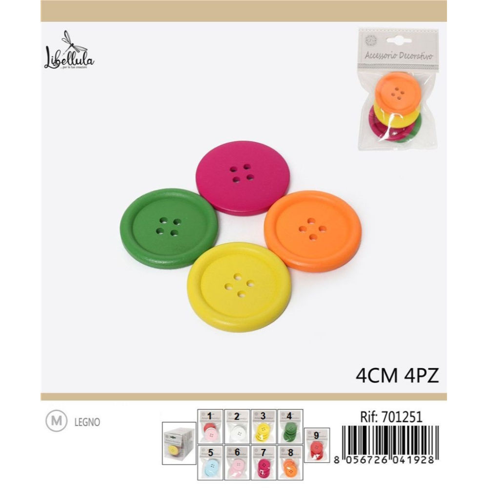 BOTTONI DI LEGNO - COLORI ASSORTITI 4CM - 4PZGev