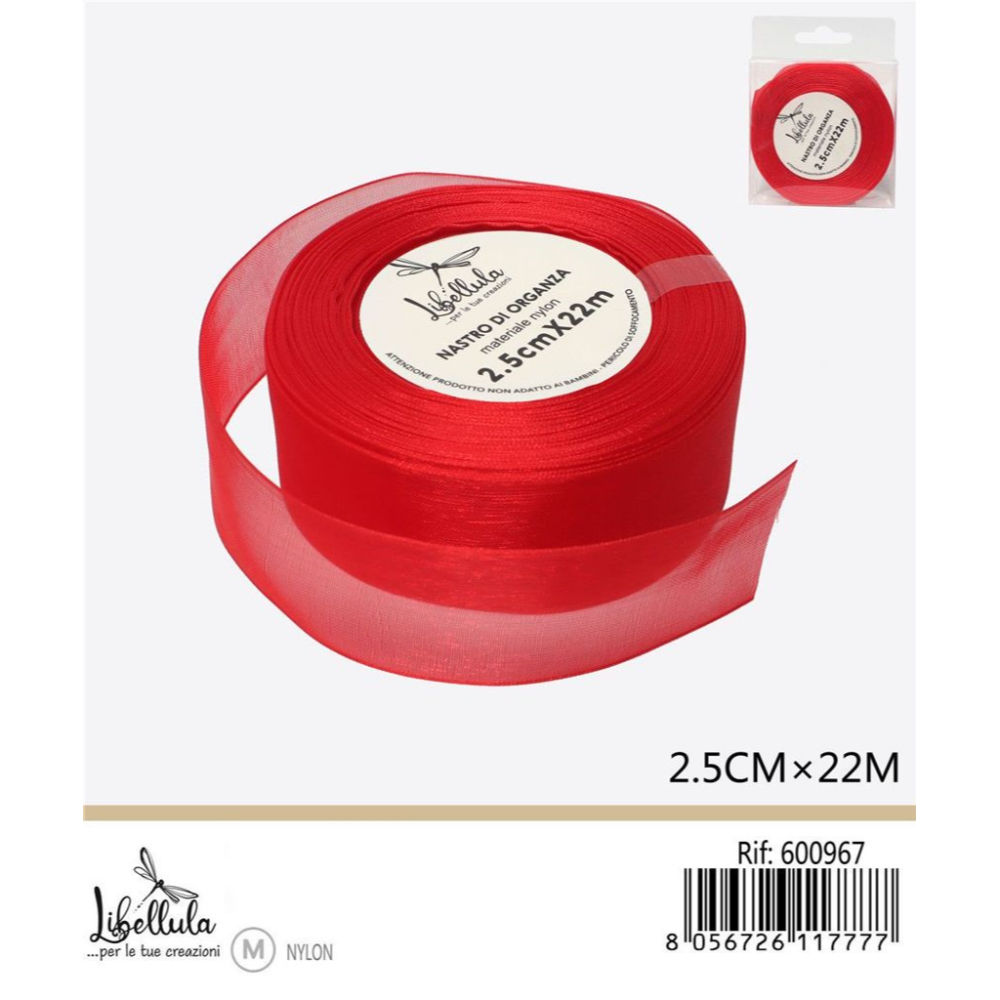 NASTRO DI ORGANZA - ROSSO - 2,5CM x 22MGev