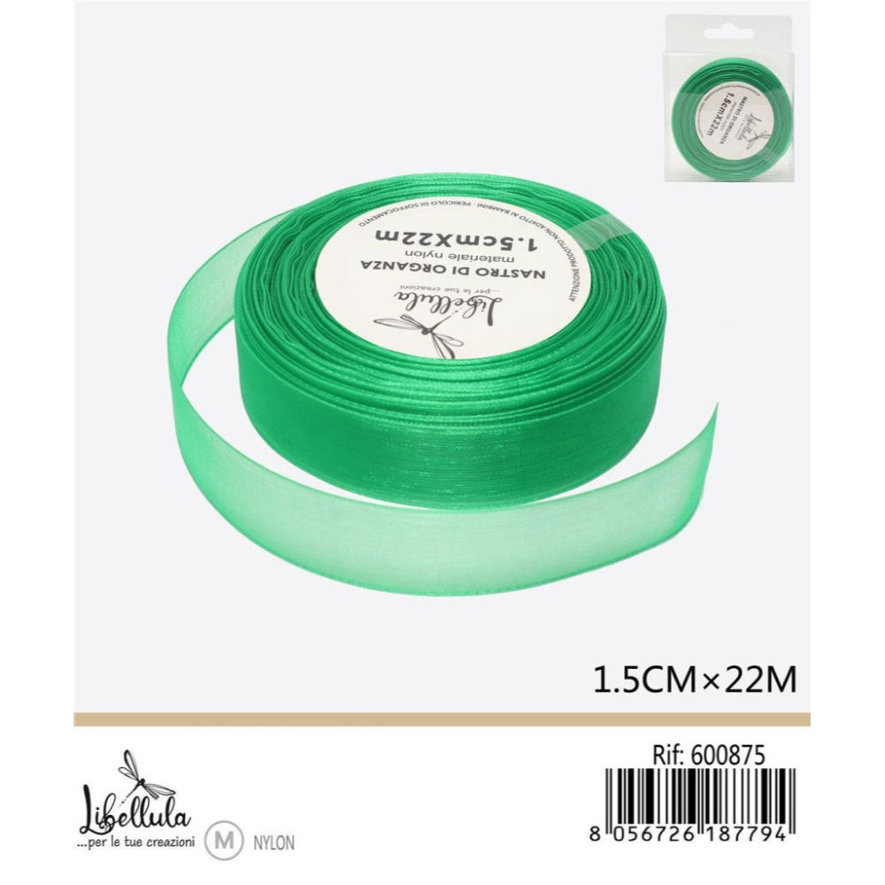 NASTRO DI ORGANZA - VERDE BRILLANTE - 1,5CM x 22MGev