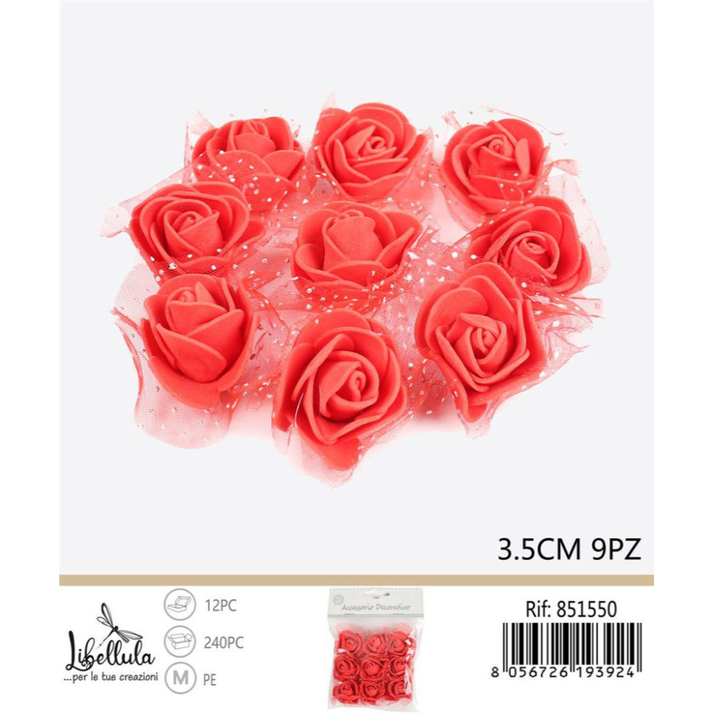 FIORI DECORATIVI CON VELO ROSSO 3,5CM 9PZGev