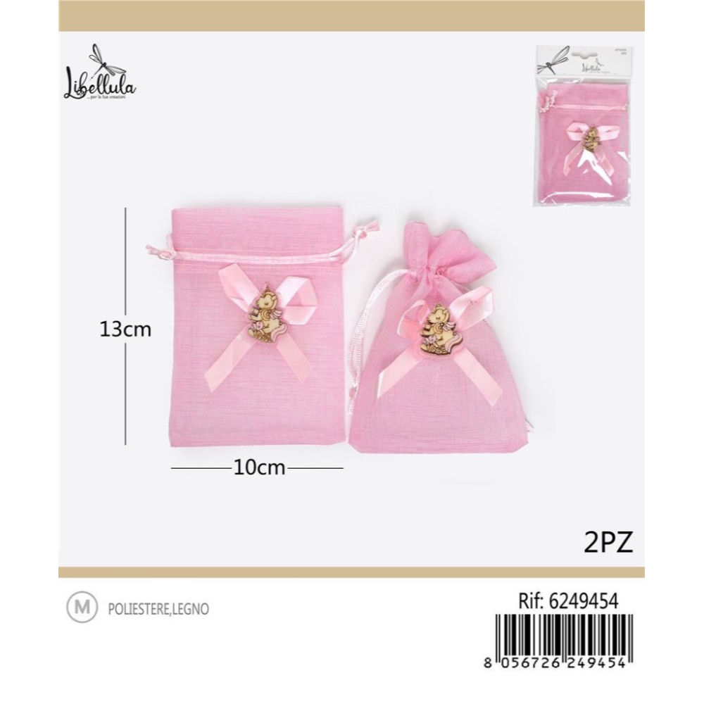 SACCHETTI LINO CON UNICORNO - ROSA 10x13CM - 2PZGev