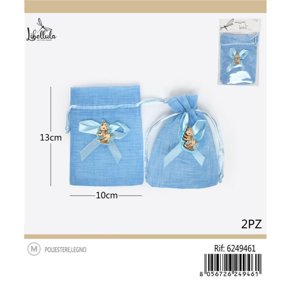 SACCHETTI LINO CON UNICORNO - AZZURRO 10x13CM - 2PZGev