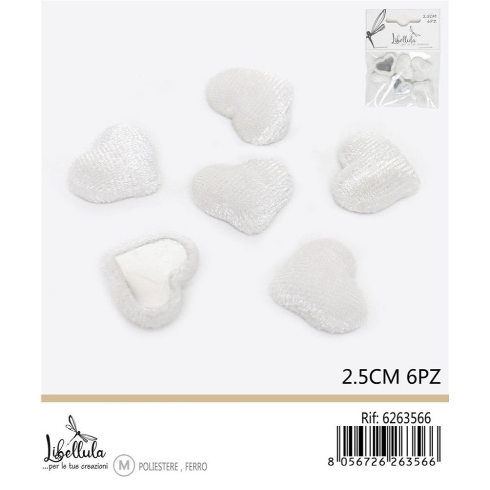 CUORI DECORATIVI IN FLANELLA - BIANCO 2,5CM - 6PZGev