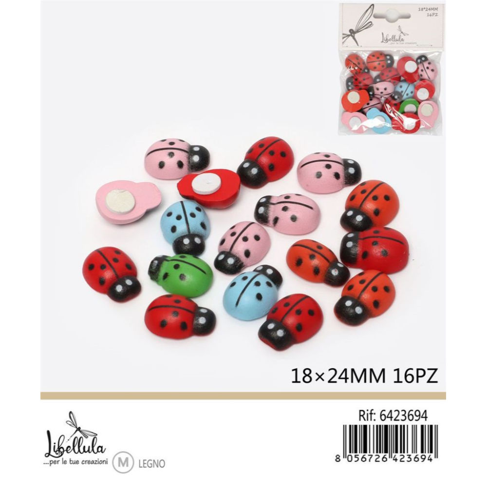 COCCINELLE DI LEGNO ADESIVE COLORATI 18x24MM - 16PZGev