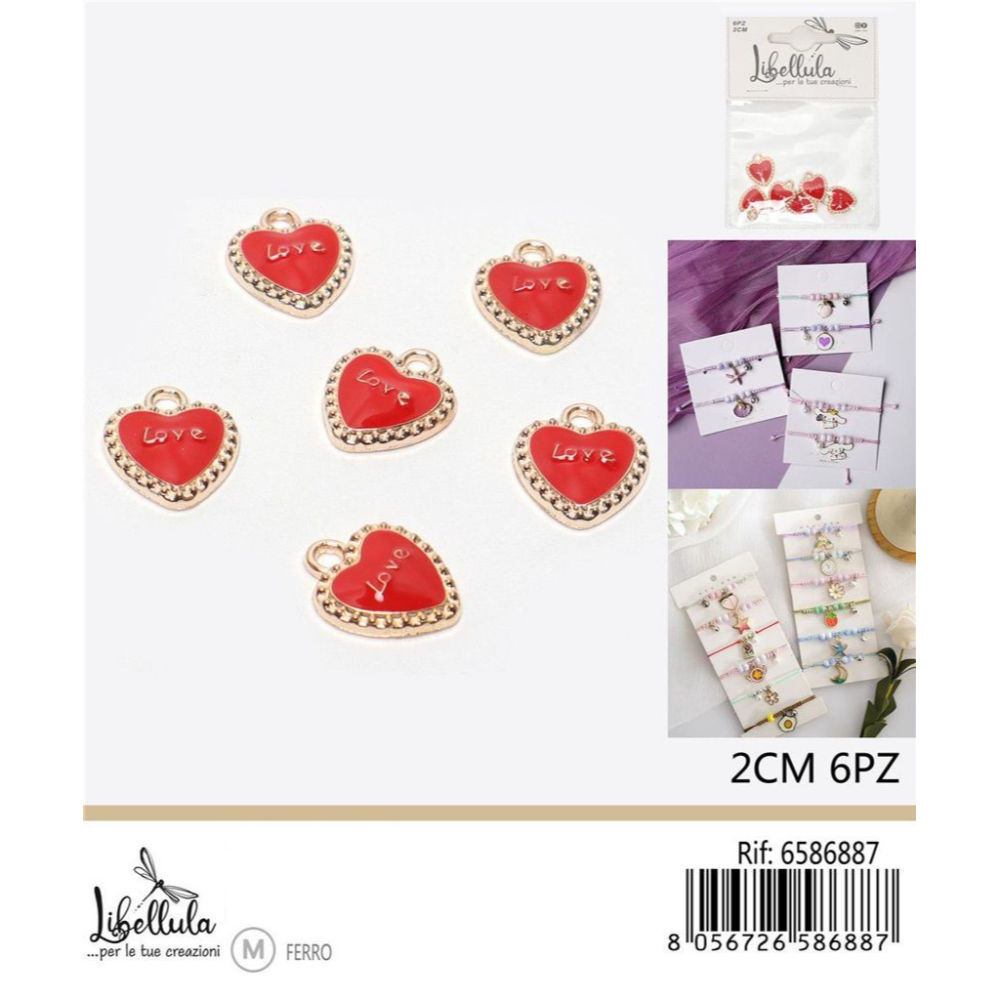 CIONDOLO A CUORE LOVE - ROSSO & ORO 2CM - 6PZGev