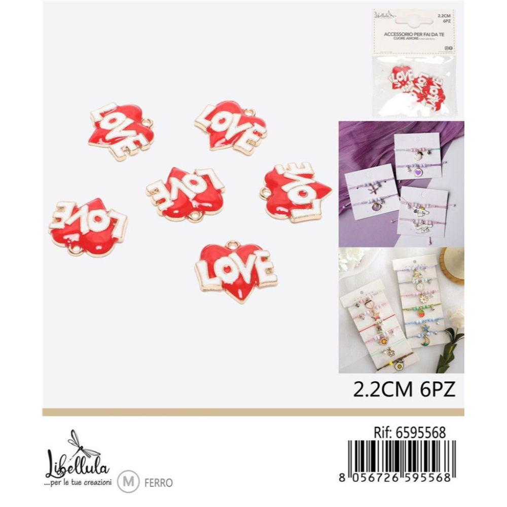CIONDOLO A CUORE LOVE - ROSSO & BIANCO 2,2CM - 6PZGev