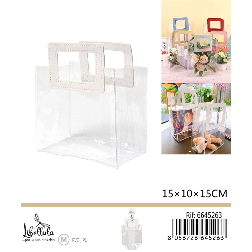 SACCHETTO TRASPARENTE - MANICO QUADRATO BIANCO - 15x15CMGev