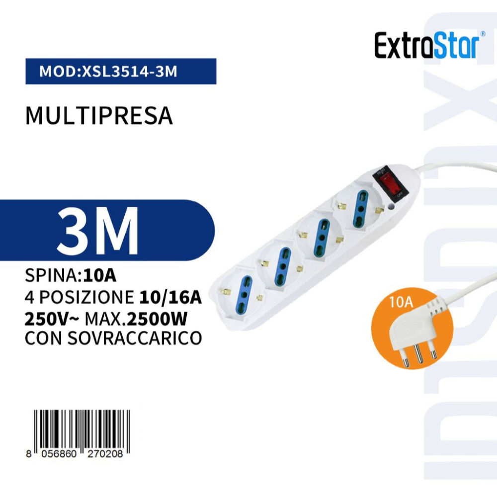 Multipresa 4 Posizioni 10/16A Spina 10A con Sovraccarico - 3mExtrastar