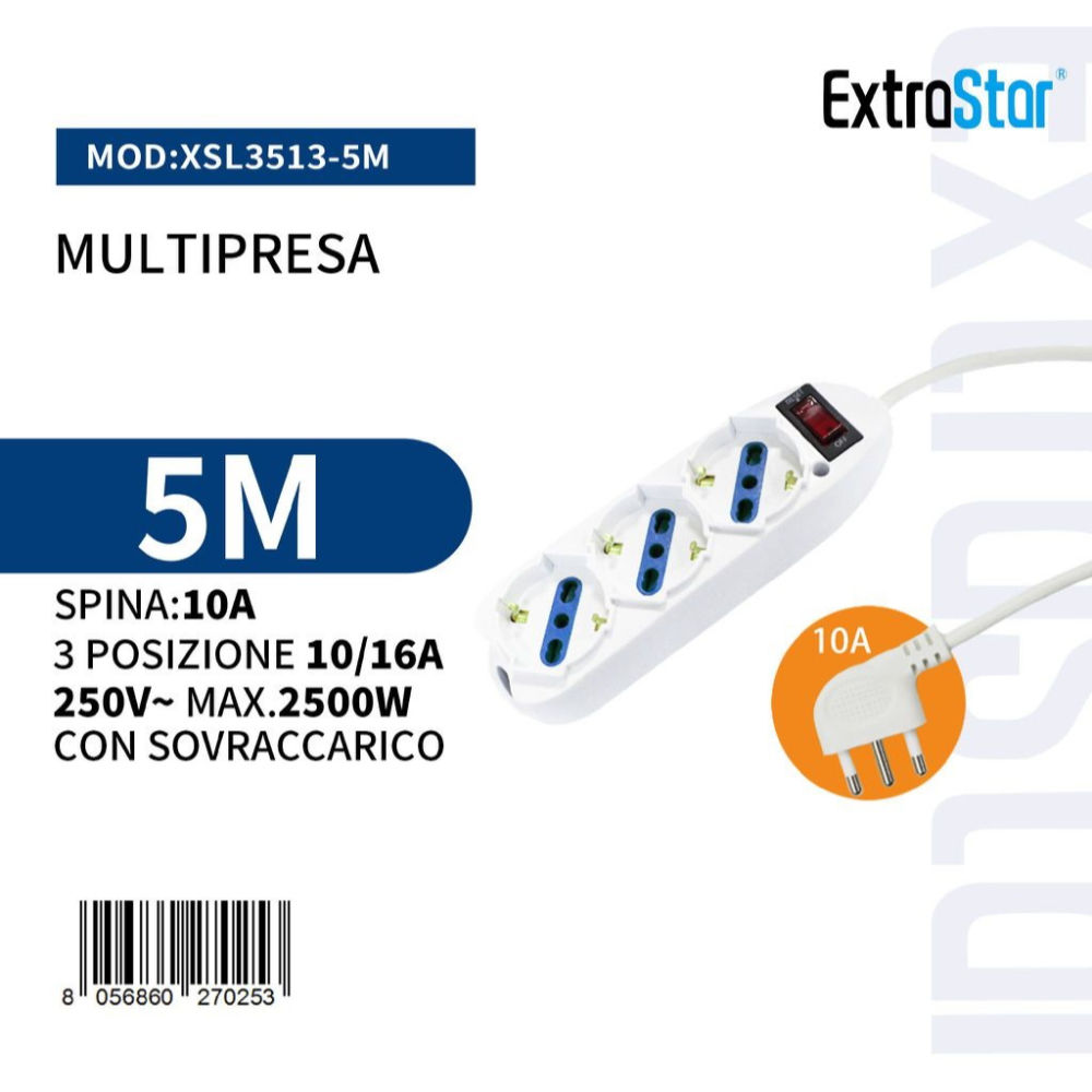 Multipresa 3 Posizioni 10/16A Spina 10A con Sovraccarico - 5mExtrastar