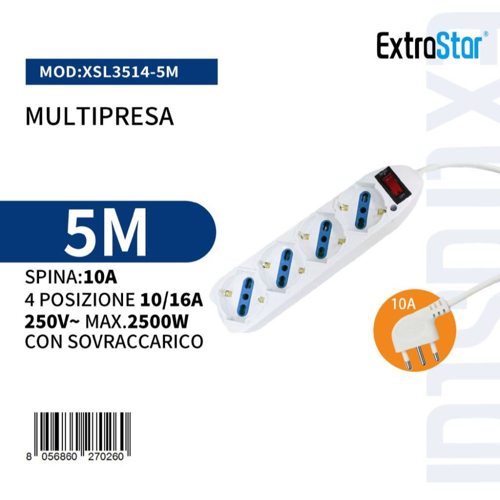 Multipresa 4 Posizioni 10/16A Spina 10A con Sovraccarico - 5mExtrastar
