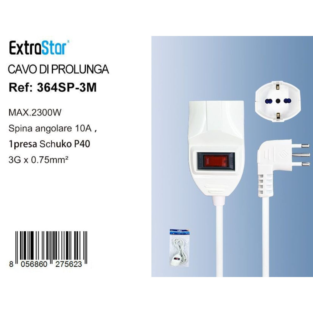 Cavo di Prolunga - Spina 10A 1Presa Schuko con Protezione - 3mExtrastar