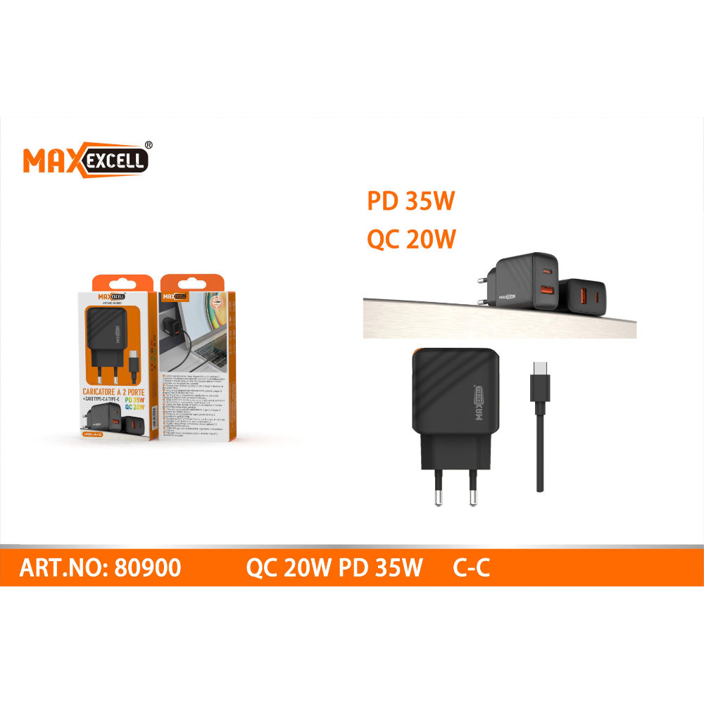 CARICATORE QC 20W PD 35W CON CAVO TYPE-C A TYPE-CMaxexcell