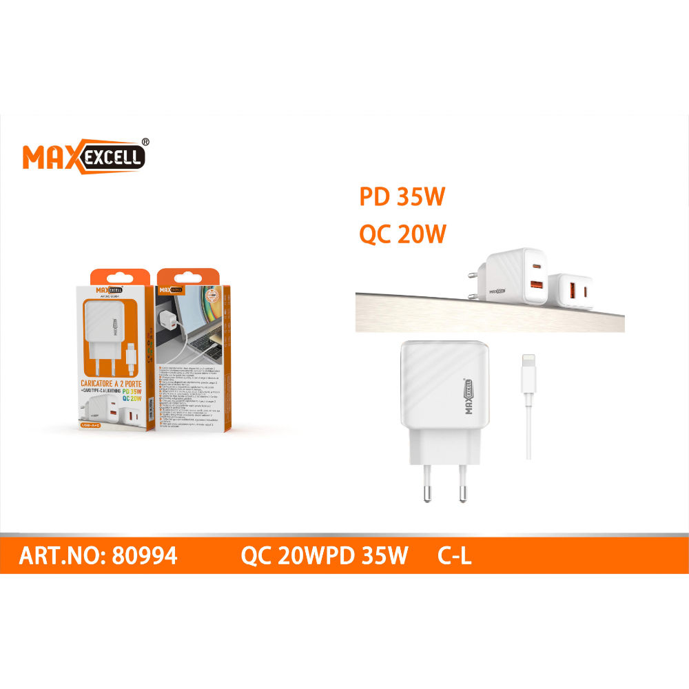 CARICATORE QC 20WPD 35W CON CAVO TYPE-C A LIGHTNINGMaxexcell