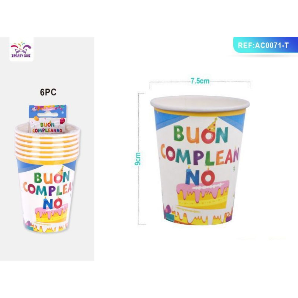 BICCHIERI MONOUSO - TORTA BUON COMPLEANNO - 6PZParty Go