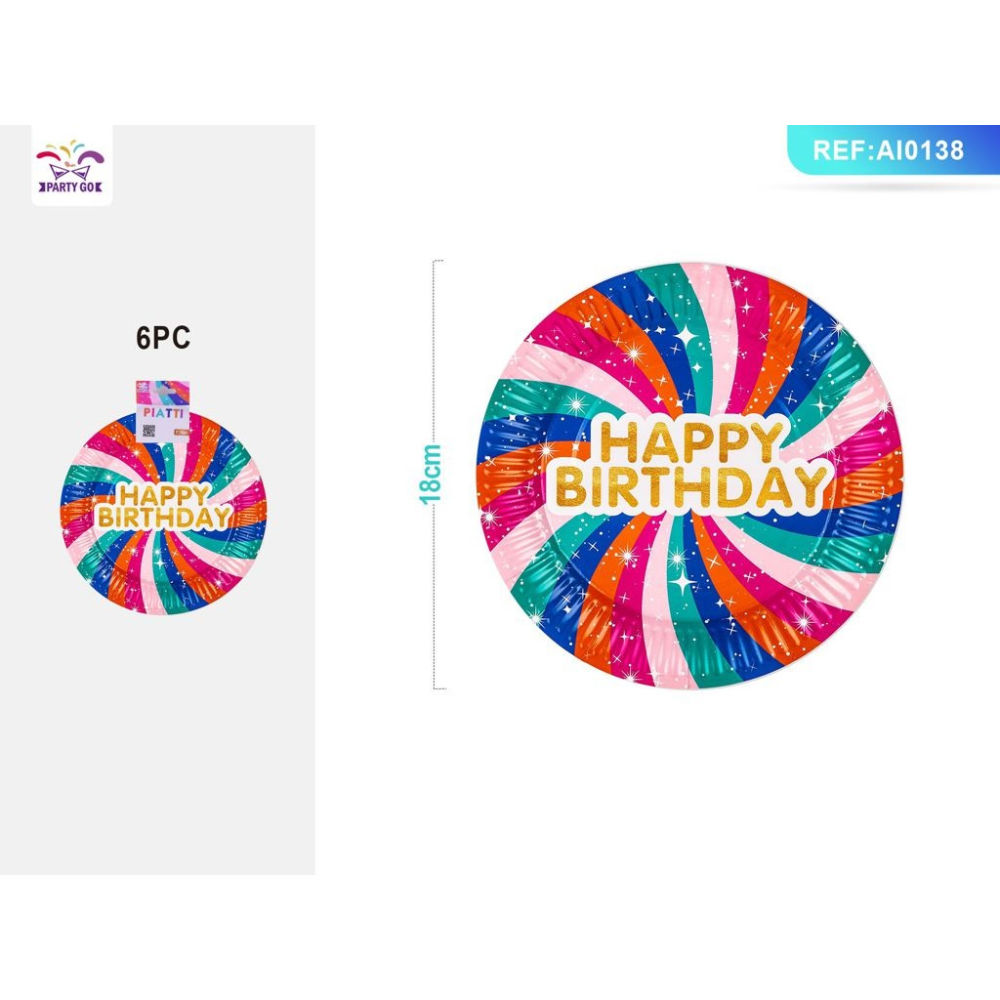 PIATTI SPIRALE MULTICOLOR - HAPPY BIRTHDAY 18CM - 8PZParty Go