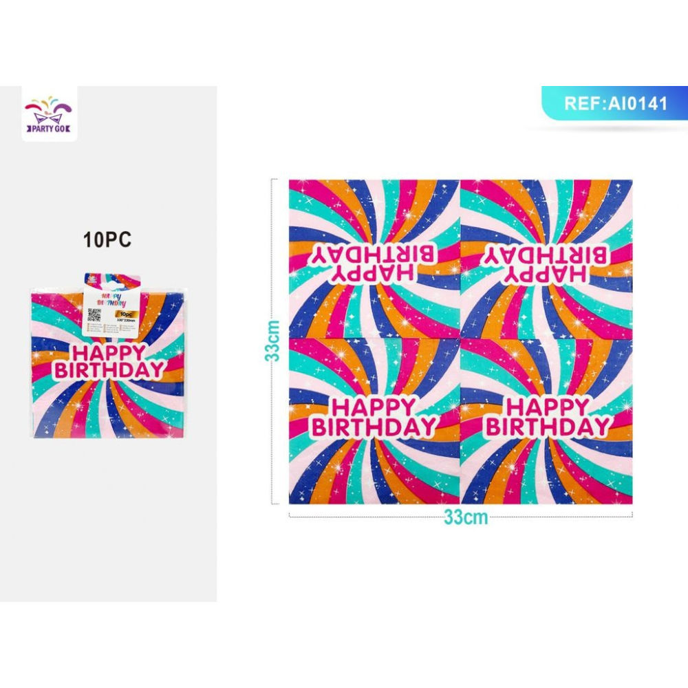 TOVAGLIOLI CON SPIRALE COLORATO - HAPPY BIRTHDAY 33CM -10PZParty Go