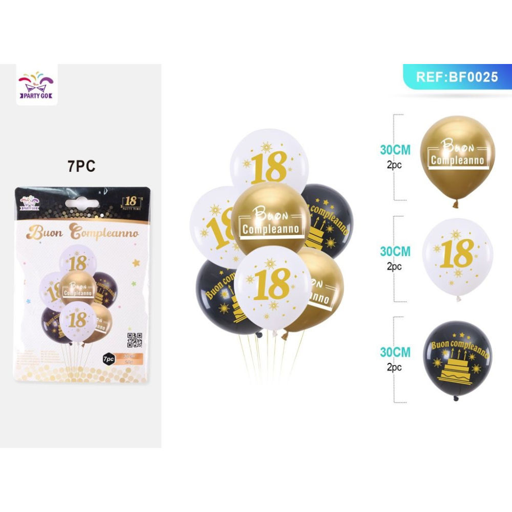 SET PALLONCINI 18 ANNI - NERO, BIANCO E ORO - 7PZParty Go