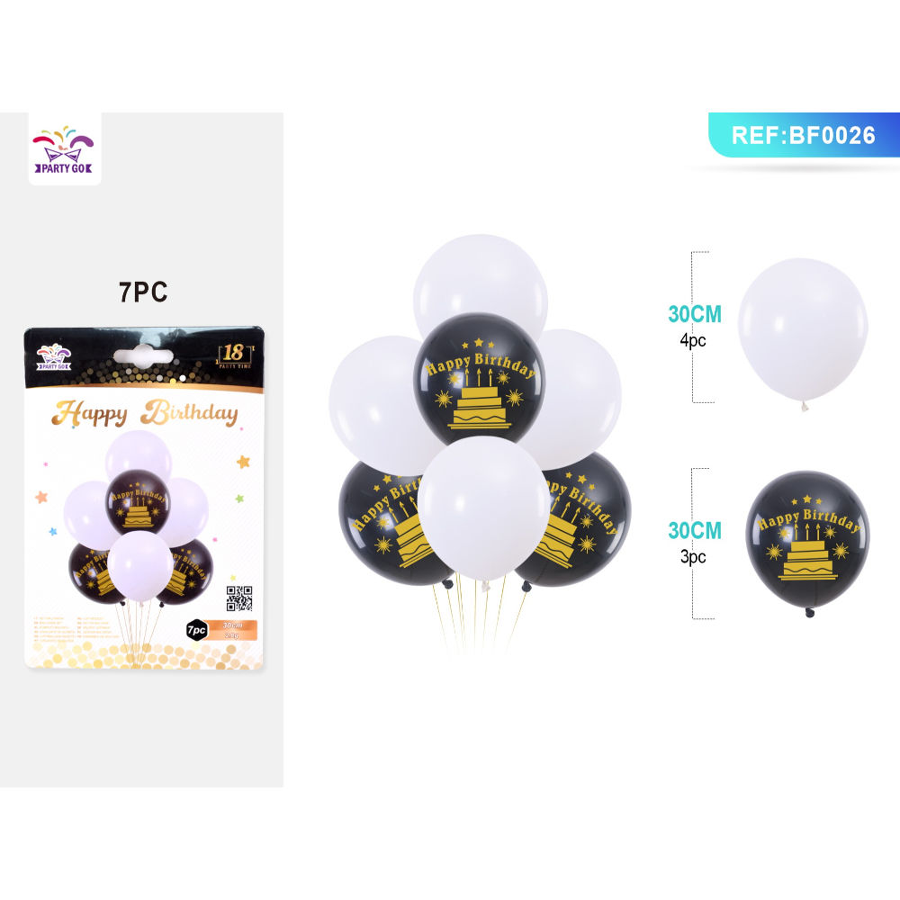 SET PALLONCINI - HAPPY BIRTHDAY CON TORTA - NERO BIANCO - 7PZParty Go