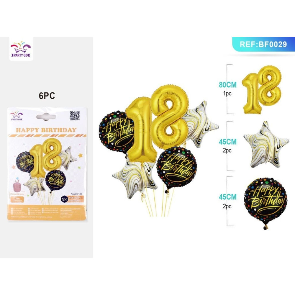 SET PALLONCINI MYLAR - HAPPY BIRTHDAY 18 ORO - 6PZParty Go