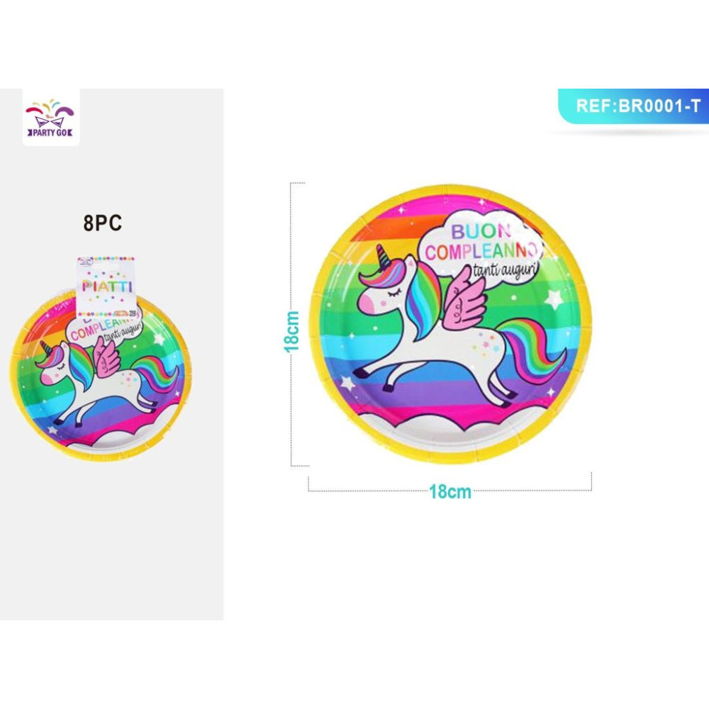 PIATTI CON UNICORNO - BUON COMPLEANNO 18CM - 8PZParty Go