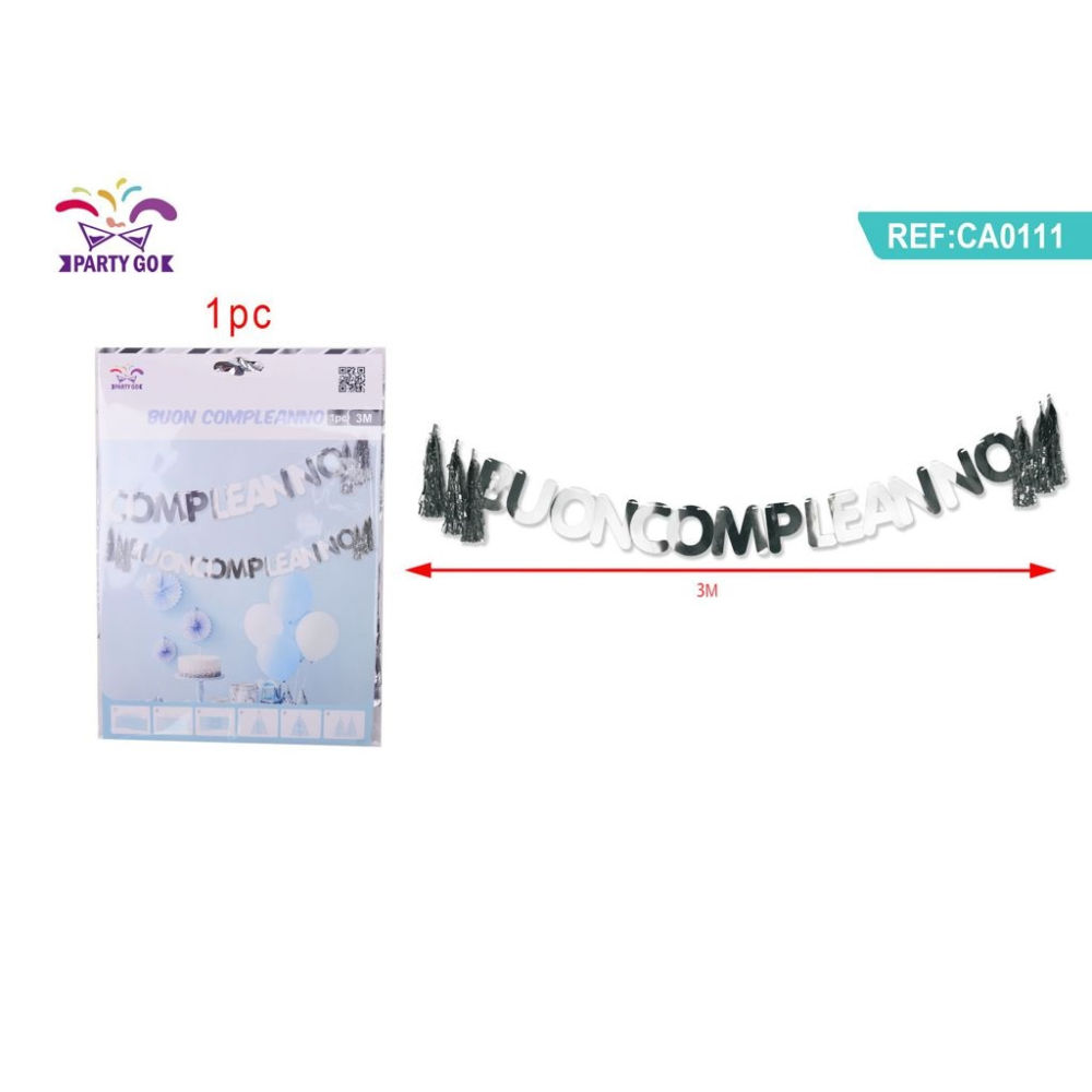 FESTONE BUON COMPLEANNO CON NAPPE - ARGENTO - 3MParty Go