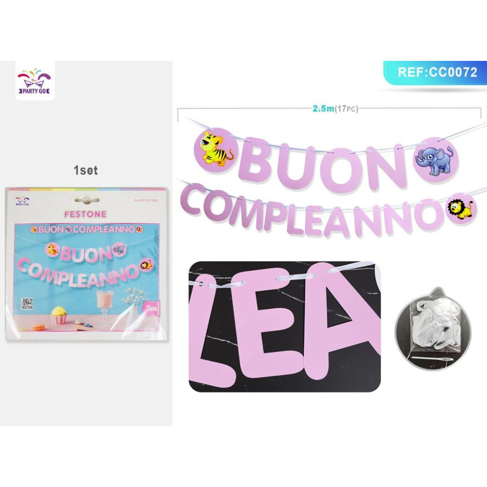 FESTONE - BUON COMPLEANNO CON ANIMALI - ROSA - 2,5MParty Go