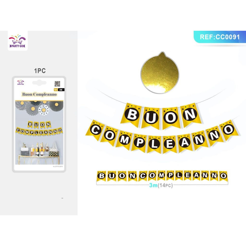 FESTONE BUON COMPLEANNO - NERO ORO - 3MParty Go
