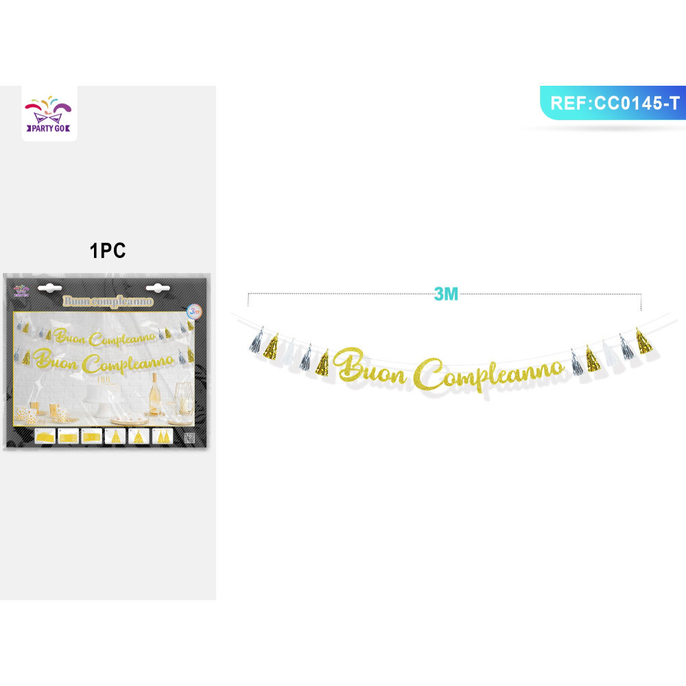 FESTONE BUON COMPLEANNO - NAPPE ARGENTO & ORO - 3MParty Go