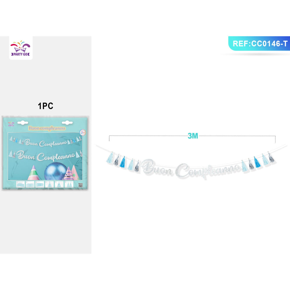 FESTONE BUON COMPLEANNO - NAPPE ARGENTO & BLU - 3MParty Go