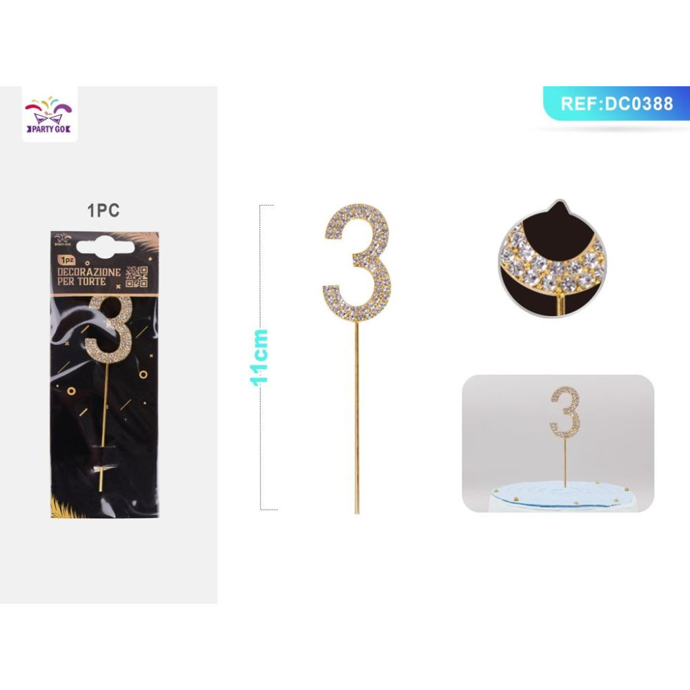 DECORAZIONE PER TORTE CON DIAMANTI - N,3 ORO - 1PZParty Go