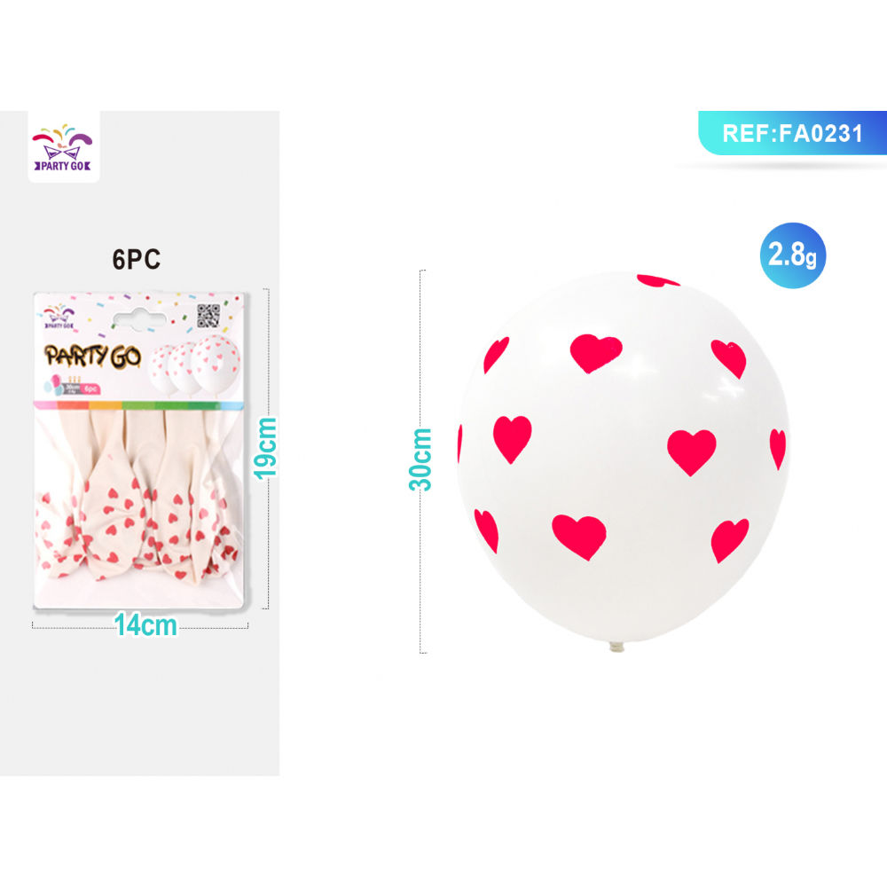 PALLONCINI BIANCHI CON CUORI ROSSI - 6PZParty Go