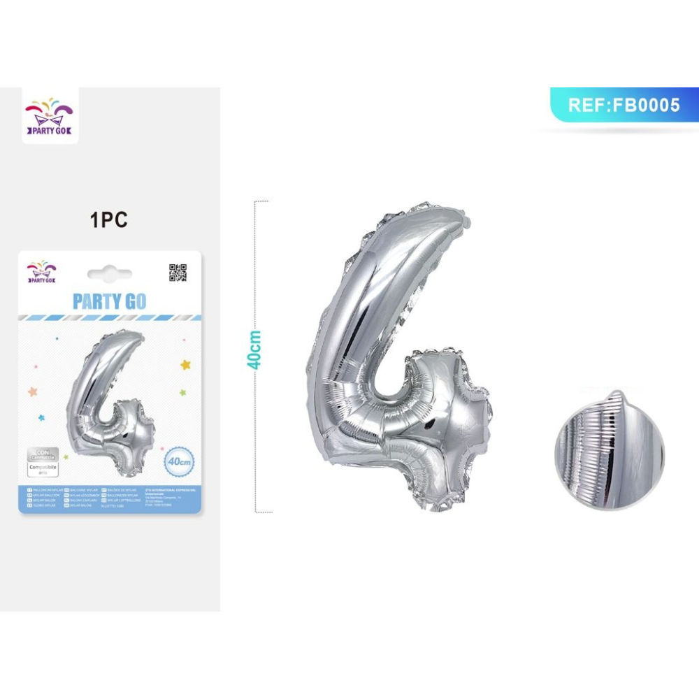 PALLONCINO MYLAR 40CM - NUMERO 4 ARGENTO - 1PZParty Go