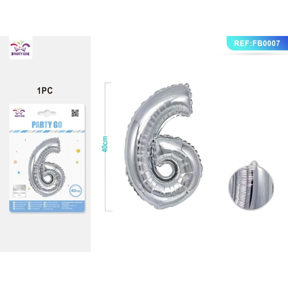 PALLONCINO MYLAR 40CM - NUMERO 6 ARGENTO - 1PZParty Go