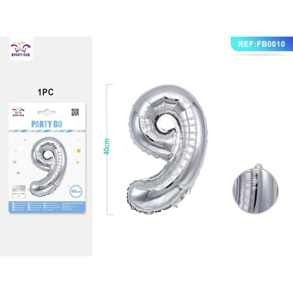 PALLONCINO MYLAR 40CM - NUMERO 9 ARGENTO - 1PZParty Go