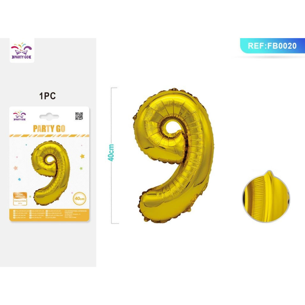 PALLONCINO MYLAR 40CM - NUMERO 9 ORO - 1PZParty Go