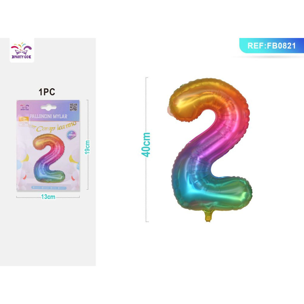 PALLONCINO MYLAR 40CM - NUMERO 2 MULTICOLOR - 1PZParty Go