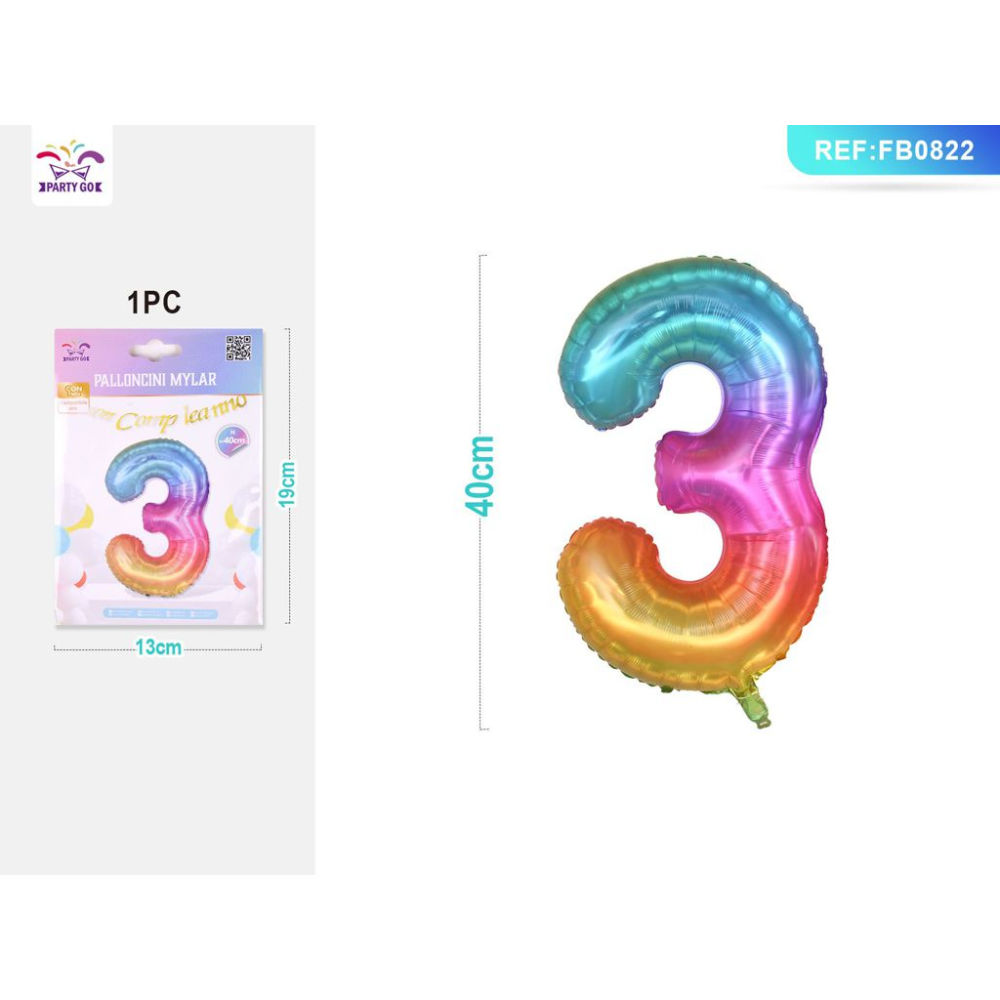 PALLONCINO MYLAR 40CM - NUMERO 3 MULTICOLOR - 1PZParty Go