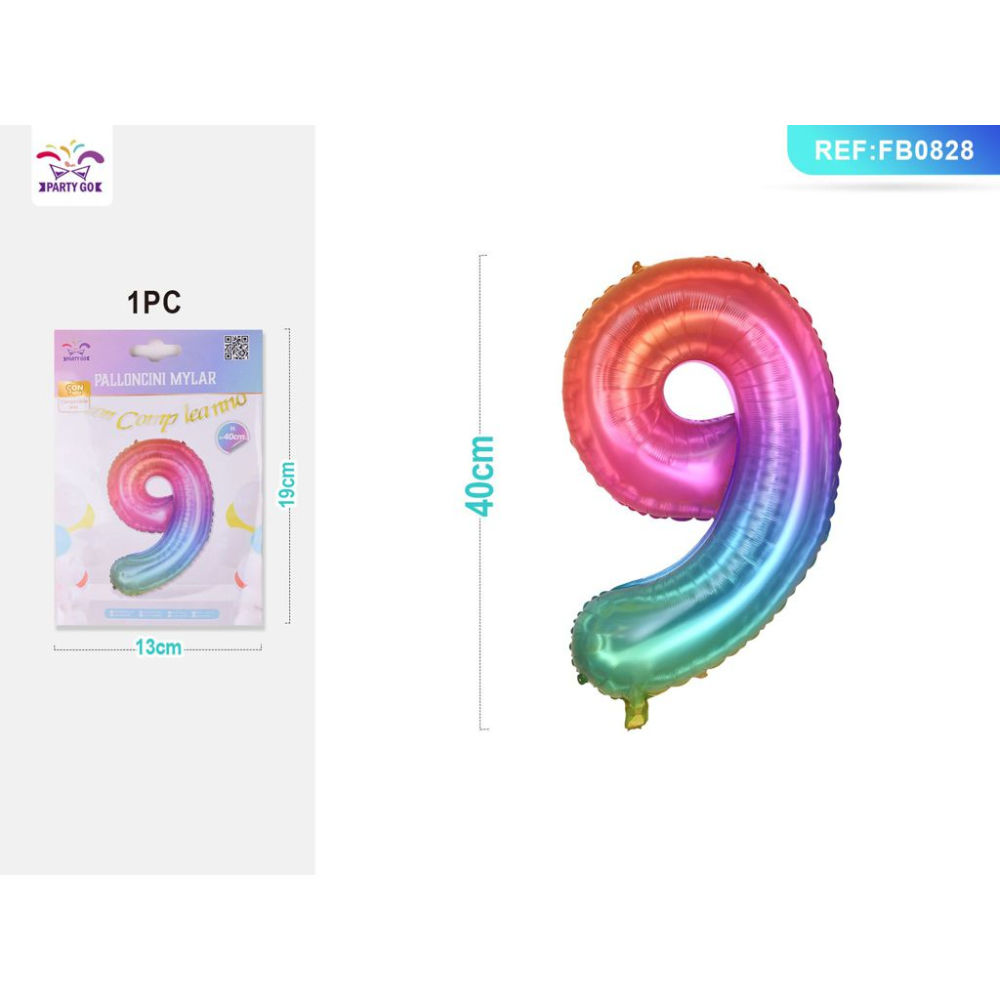PALLONCINO MYLAR 40CM - NUMERO 9 MULTICOLOR - 1PZParty Go