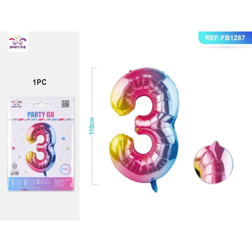 PALLONCINO MYLAR 110CM - NUMERO 3 MULTICOLOR - 1PZParty Go