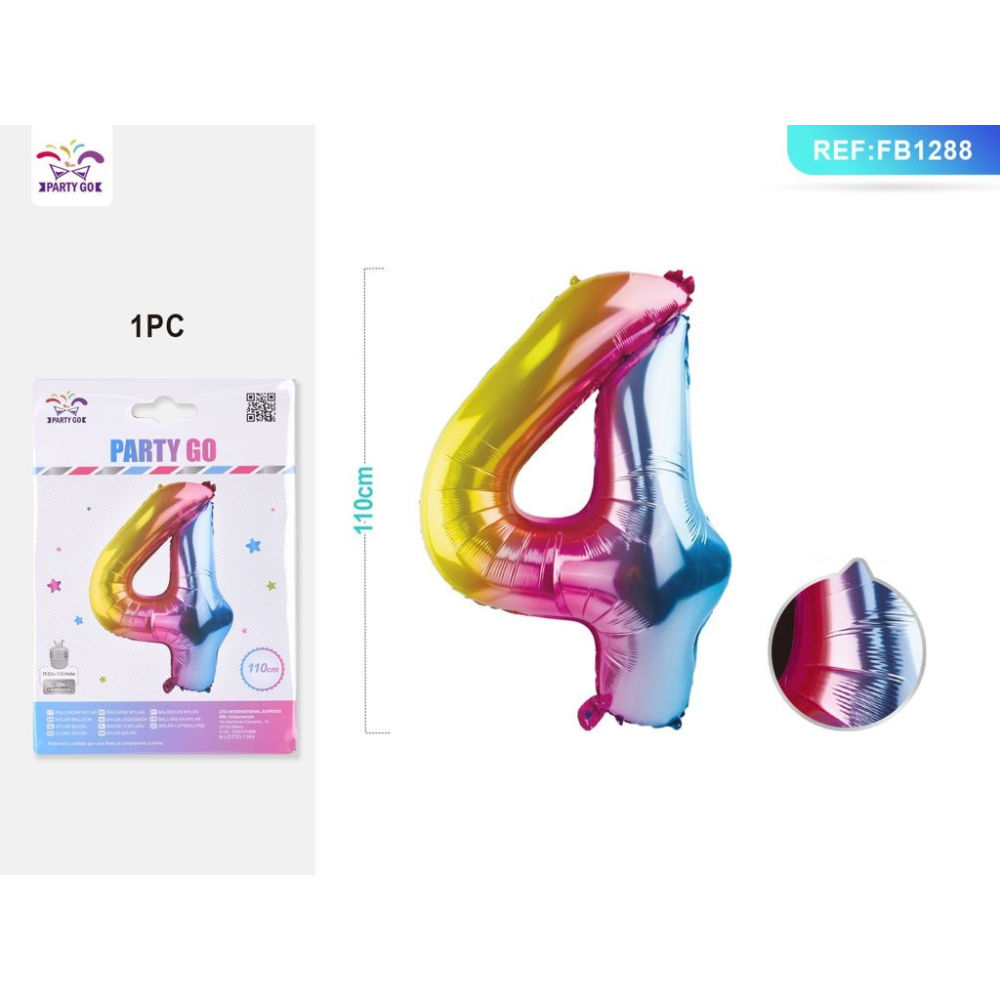 PALLONCINO MYLAR 110CM - NUMERO 4 MULTICOLOR - 1PZParty Go