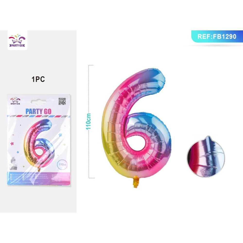PALLONCINO MYLAR 110CM - NUMERO 6 MULTICOLOR - 1PZParty Go