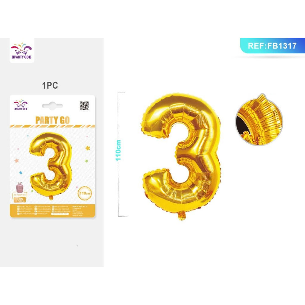 PALLONCINO MYLAR 110CM - NUMERO 3 ORO - 1PZParty Go