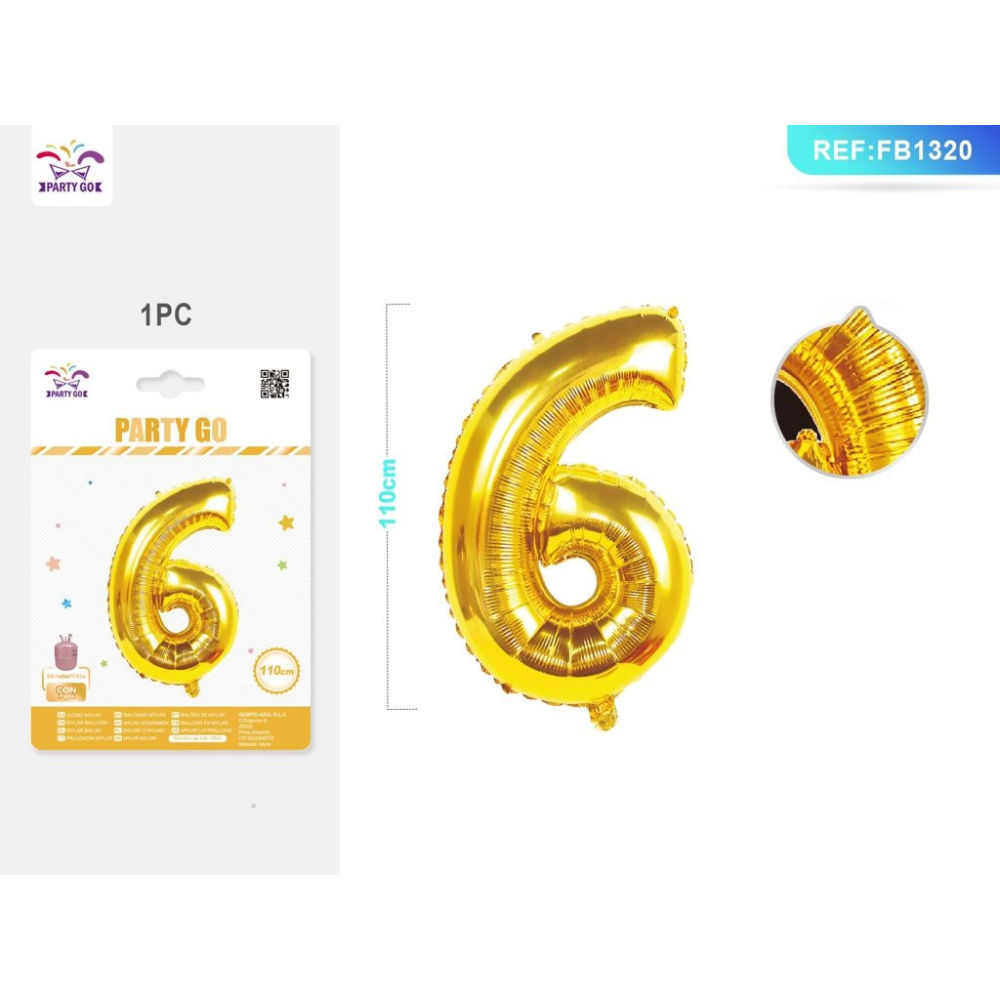 PALLONCINO MYLAR 110CM - NUMERO 6 ORO - 1PZParty Go