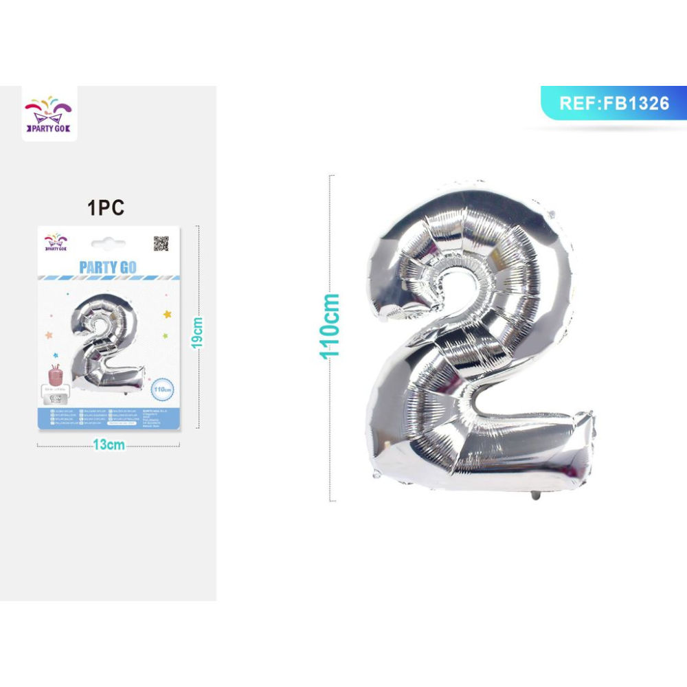 PALLONCINO MYLAR 110CM - NUMERO 2 ARGENTO - 1PZParty Go